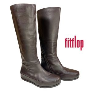 FitFlop Women’s 6.5 Superboot Tall Brown Leather Knee High Boots Full Zip